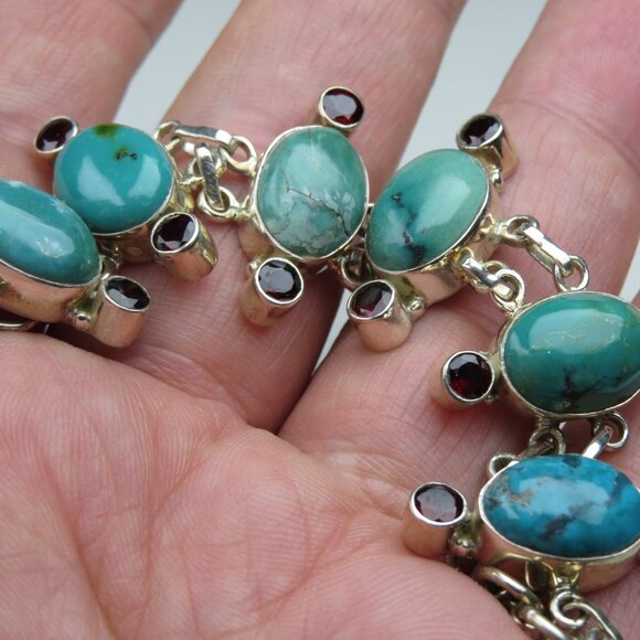 Sterling Silver Turquoise Garnet  Bracelet Hand Crafted - Picture 3 of 6